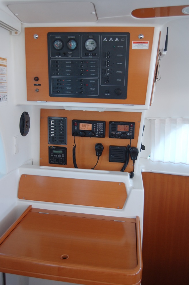 Nav station with SSB, VHF, Inverter/charger remote panel, and 120 volt AC circuit breaker.
